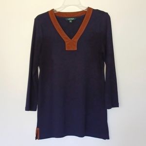 Lauren Ralph Lauren WM Navy/Brown Cotton V-neck Long Sleeve Top